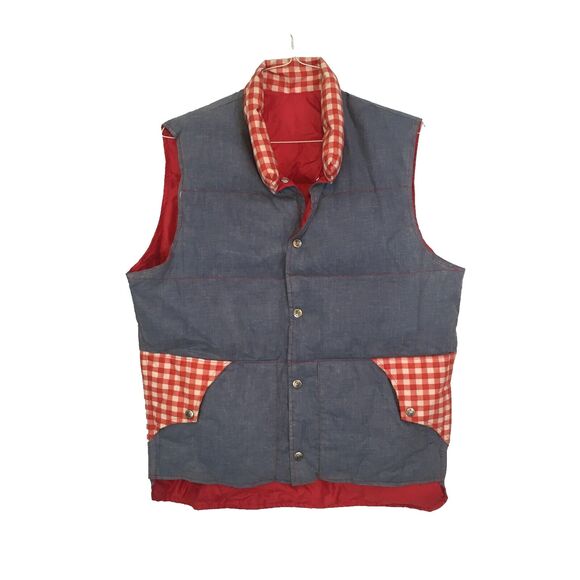 Liberty Bell Vintage 1970s Gingham Puffer Vest Blue Red Vest Revisable‎ Large